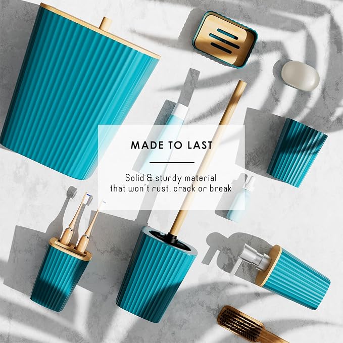 Clara Clark Bathroom Set - Teal Bathroom Accessories Set, 6PC Bathroom Accessory Set, Bathroom Sets with Bathroom Rugs, Adhesive Corner Shower Caddy Hanging, Toilet Brush, Trash Can & Soap Dispenser