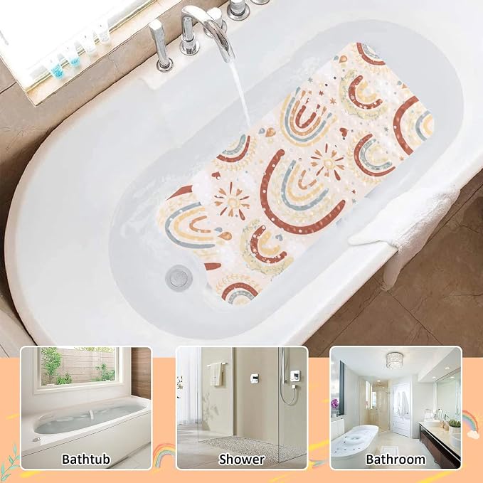 Topotdor Baby Bathtub Mat Non Slip for Kids, 40 X 16 Inch Cute Cartoon Bath Tub Shower Mat Anti Slip with Suction Cups & Drain Holes, Boho Rainbow