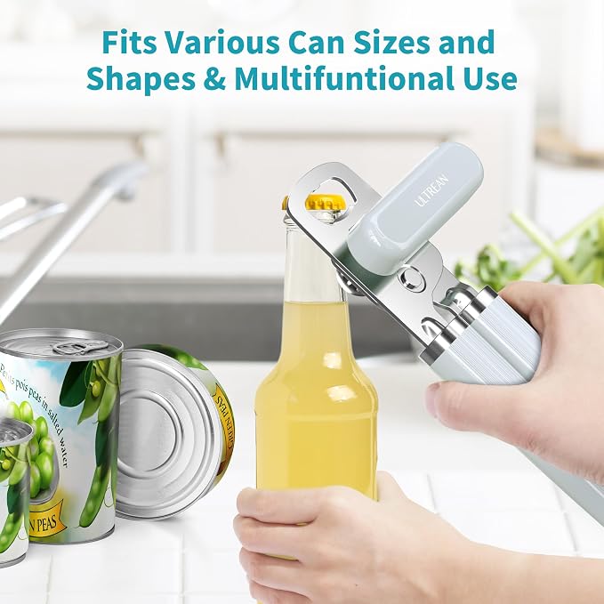 Ultrean Manual Can Opener Bottle Opener, Heavy Duty Stainless Steel Smooth Edge Manual Hand Held Can Opener With Soft Touch Handle, Rust Proof Oversized Handheld Easy Turn Knob (Mint Green)