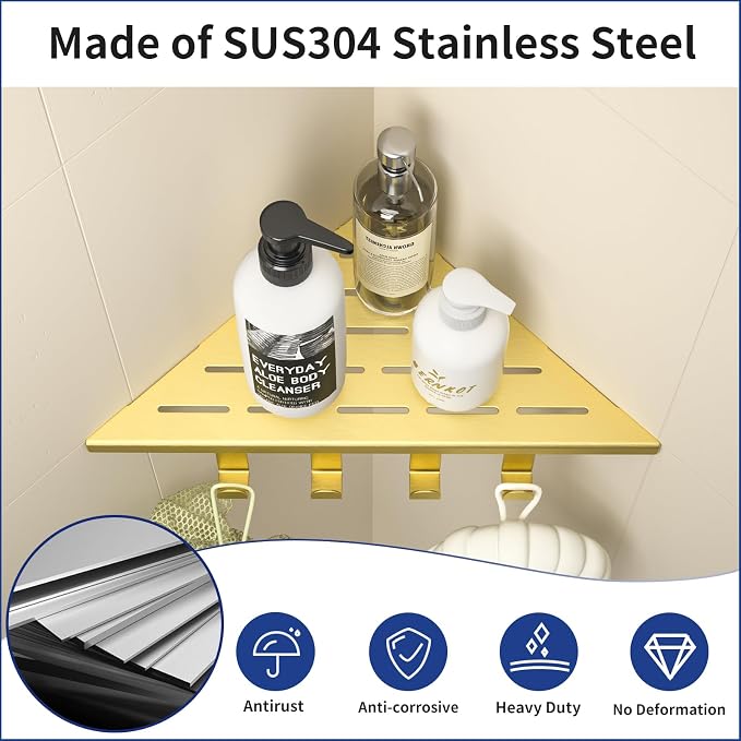 Corner Shower Shelf w/Hooks, Grout in Bathroom Shelves for Tiled Wall, 304 Stainless Steel Recessed Shower Shelf (Gold, 10''-2pcs)