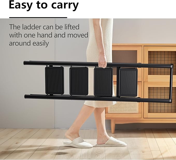 SOLADDER Step Ladder 4 Step Folding Stool with Anti-Slip Widened Sturdy Pedal and Handgrip, Portable and Multi-Use Iron Stepladder for Home, Kictchen, 300 lbs Capacity -Black