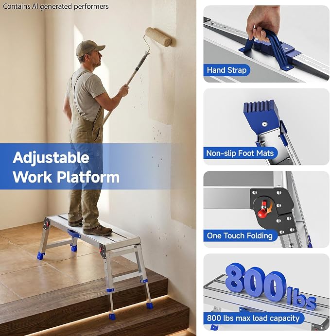 Loyoda Work Platform for Adults, Aluminum Foldable Long Step Stool Adjustable Height, Lightweight and Durable Portable Outdoor Aluminum Step Ladder, Maximum Load Capacity of 800 Pounds.