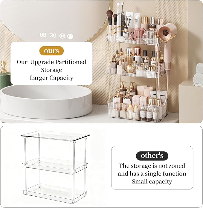 Bathroom Counter Organizer for Vanity, Makeup Organizer Countertop with Holder, Large Capacity Storage Rack, Perfect Large Skincare, Hair Care, Perfume, Easy to Install (Clear, 3Tiers)