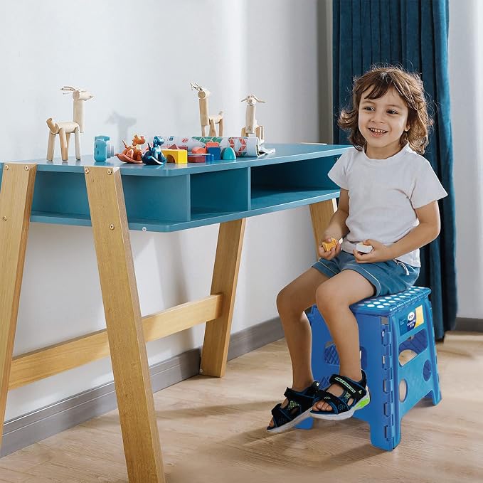 Korpai 13" Folding Step Stool for Adults and Kids Holds Up to 300 lbs,Non-Slip Folding Stools with Portable Handle, Compact Plastic Foldable Step Stool for Bathroom,Bedroom, Kitchen,Sky Blue,1PC