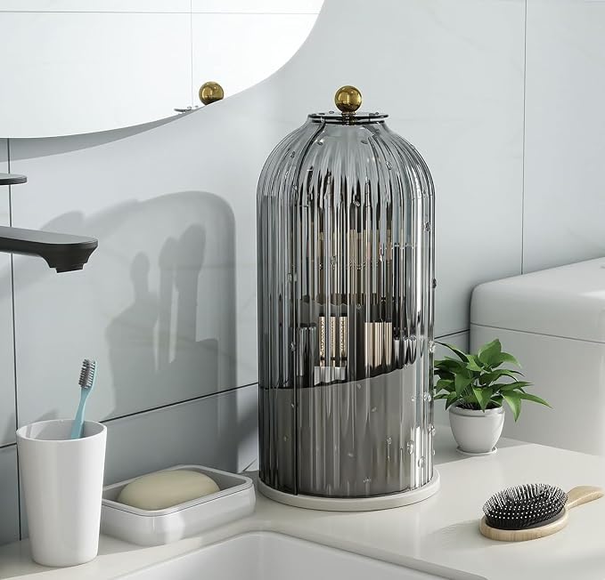 Toothbrush and Toothpaste Holders with Cover, Grey White | Waterproof and Dustproof, 360° Rotating Base, Smooth Sliding Door, 3 Slots, for Bathroom Countertop
