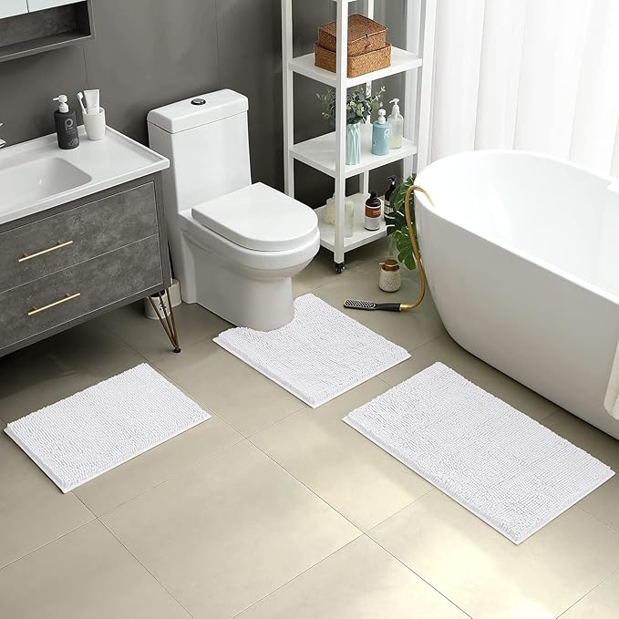 HOMEIDEAS 3 Pieces Bathroom Rugs, Ultra Soft Non Slip Absorbent Chenille Toilet Bath Mat Set (White)