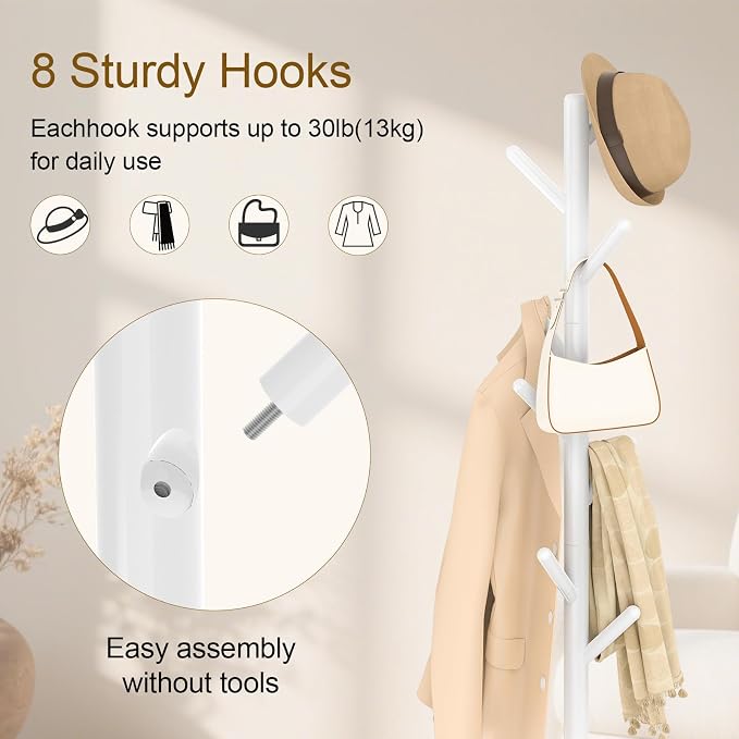 Coat Rack Freestanding with Stable Square Base for Cloathes, Hat, Used in Bedroom, Office and Entryway, Sturdy and Easy Assembly Coat Tree with 3 Adjustable Sizes and 8 Hooks, White