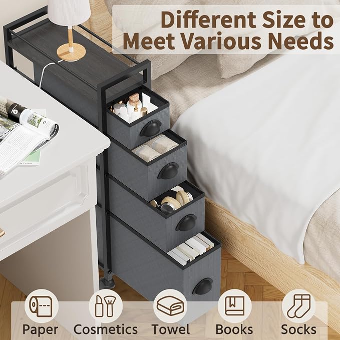 LASZOLA 4 Drawer Narrow Slim Cabinet Skinny Storage Tower Chest, Ideal for Small Spaces, Between Washer and Dryer, Lightweight Mobile on Wheels, Sturdy Fabric Drawers