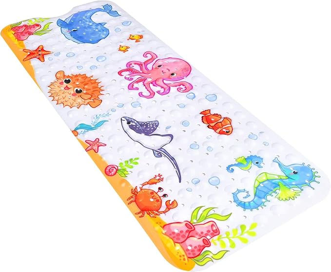 Secopad Bath Mat for Tub Non Slip, Machine Washable Anti-Slip Cartoon Baby Bathtub Shower Mat with Drain Holes and Suction Cups for Toddler & Kids, 40 Inch x 16 Inch-Rectangular, Pink Octopus
