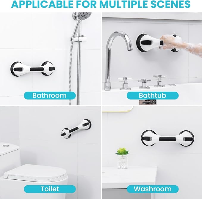 TAILI Shower Handles for Elderly Suction, 2 Pack 12 Inch Shower Grab Bars for Seniors, Grab Bars for Bathtubs and Showers, No Drilling Removable Safety Shower Grip, Black, G9