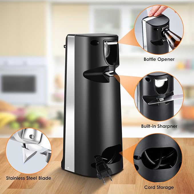 Davivy Electric Can Opener - One-Touch Hands-Free Operation,Removable Stainless Steel Cutter, 3-in-1 Design with Knife Sharpener&Bottle Opener(Black)