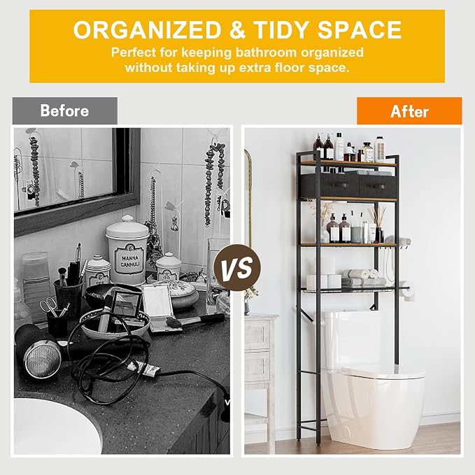 Over The Toilet Storage with Adjustable Wooden Shelves and 2 Fabric Drawers, 4-Tier Over Toilet Bathroom Organizer, Small Freestanding Storage Shelf for Toilet Paper, Towels, Toiletries