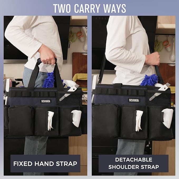 SCAVATA Wearable Cleaning Caddy Bag, Cleaning Caddy Supplies Organizer with Handle & Shoulder Straps for Housekeepers, Under Sink & Car Cleaning Tool Organizers with 4 Foldable Divider Navy (DarkBlue)