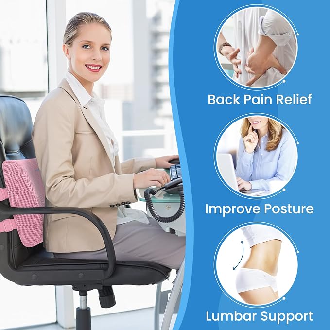 Lumbar Support Pillow for Office Chair Back Support Lumbar Pillow for Car, Gaming, Office Chair - Improve Sitting Posture & Back Pain Relief, Memory Foam, Adjustable Straps, Pink