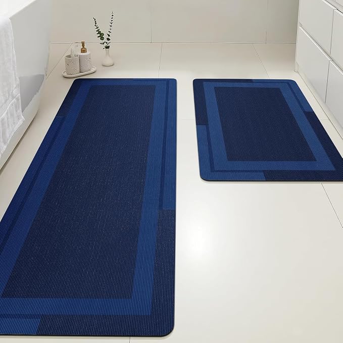 ACCUMTEK Non Slip Bath Mat, Thin Bathroom Rugs Fit Under Door, Quick Dry Bath Mats, Machine Washable Bath Rugs for Bathroom, Bathtub & Kitchen, Dark Blue/Bordered/24 x17+48"x20"