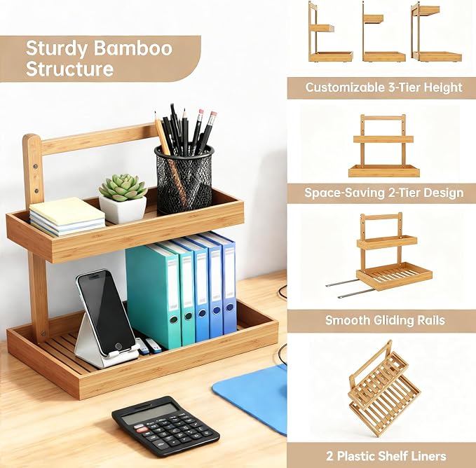 Bamboo Under Sink Organizer - 2 Tier Pull Out Cabinet Shelves with Adjustable Height, Undersink Storage Slide Out for Kitchen Bathroom Cabinet Pantry