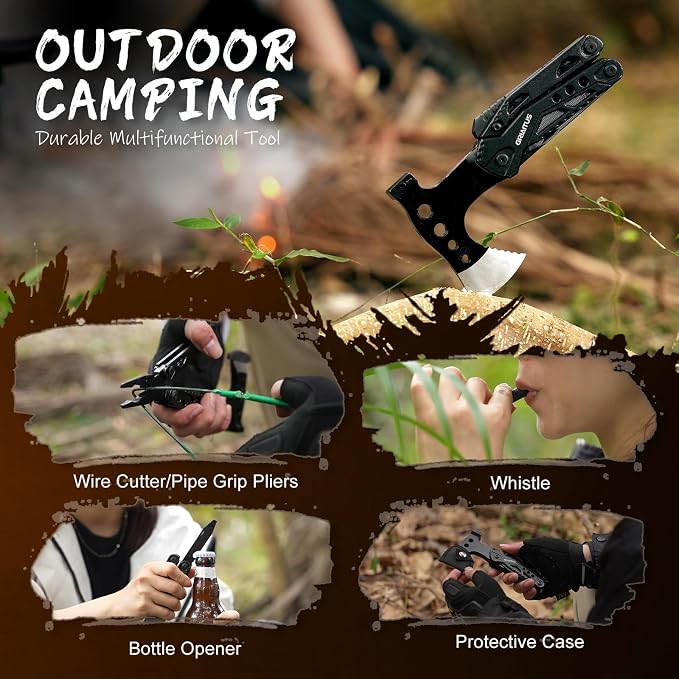 16 in 1 Multitool Survival Gear for Camping & Hiking, Multi Tool with Axe, Hammer, Pliers, Saw, Screwdrivers & Whistle, Camping Accessories and Gifts for Men Dad Husband