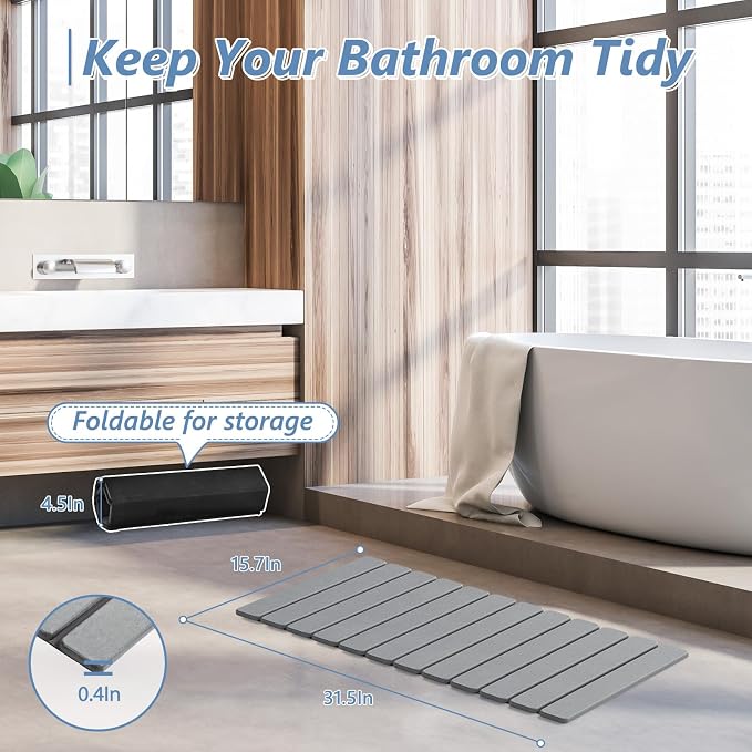 AWW Foldable Stone Bath Mat, Quick Dry Diatomaceous Earth Bath Mat with Non-Slip Mat, Super Absorbent, Easy to Clean, Compact for Small Bathrooms, 31.5 x 15.7, Grey