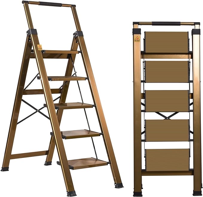 XinSunho 5 Step Ladder, Aluminum 5 Step Stool with Retractable Handrail and Anti-Slip Wide Pedal, Folding Stool Ladders 5 Steps, 330lbs Safety Household Slim Ladder