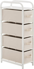 MAX Houser 4 Drawer Narrow Dresser Fabric Storage Tower Vertical Slim Storage Chest Organizer Nightstand Side/End Table Small Standing Organizer Removable Drawers Wood Top for Bedroom, Bathroom(Beige)