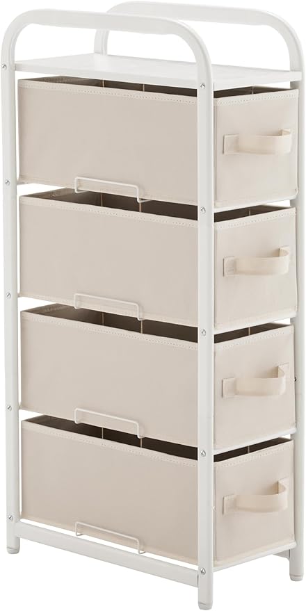 MAX Houser 4 Drawer Narrow Dresser Fabric Storage Tower Vertical Slim Storage Chest Organizer Nightstand Side/End Table Small Standing Organizer Removable Drawers Wood Top for Bedroom, Bathroom(Beige)