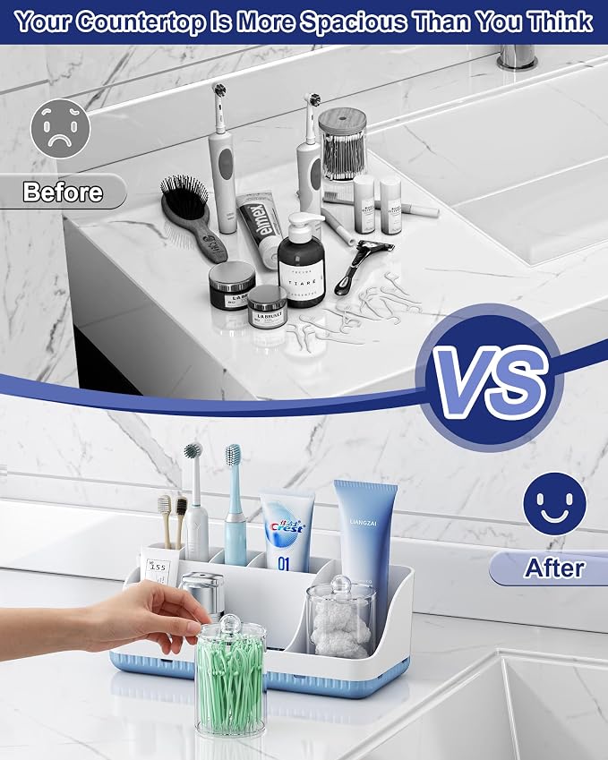 Bathroom Counter Organizer and Storage with 2 Pack Qtip Holder Dispenser, 7 Slots Detachable Toothbrush Holders for Bathrooms, Anti-Slip Electric Toothbrush and Toothpaste Holder Countertop