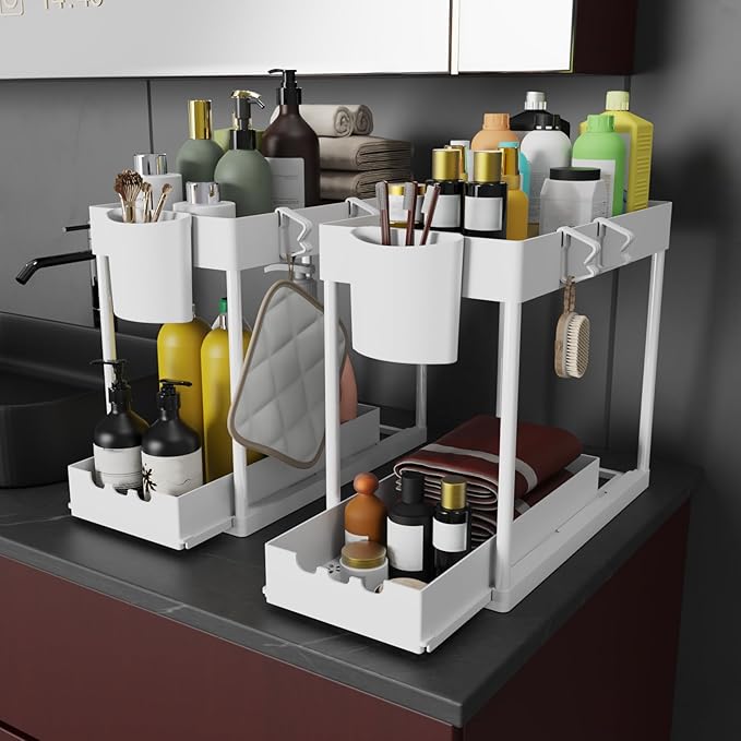 2 Pack Under Sink Organizers and Storage, 2-Tier Sliding Cabinet Organizer Drawer for Bathroom and Kitchen – Multi-Purpose Cabinet Organizer with Easy Pull-Out Design (White)