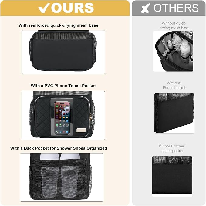 Large Toiletry Bag for Women Men, Portable Shower Caddy College Dorm Essentials, 2 Layers Quickly Dry Mesh Bathroom Tote Bag, Hanging Makeup Organizer Bag for Travel, Gym, Camping (Black)