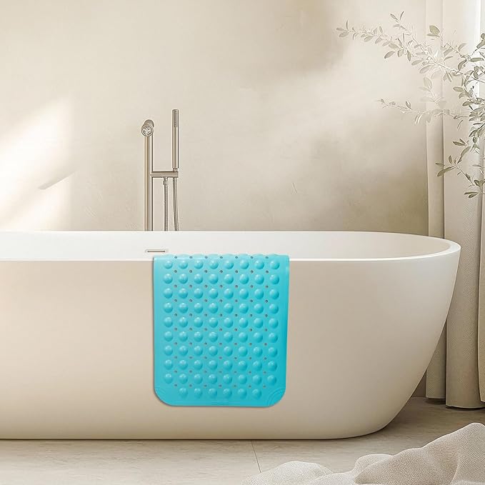 WarmSnow Non Slip Shower Mats for Inside Shower 15 x 27.5 Inch, TPE Bathtub Mat Non-Slip, Bath Mat for Tub with Suction Cups, Drain Holes Bath Tub Mat for Bathroom, Blue