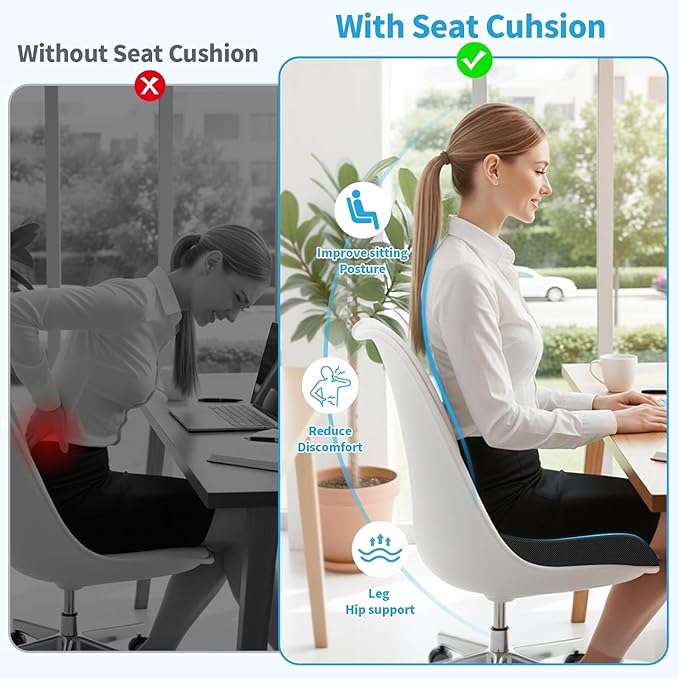 TranquilRelax 2XL Seat Cushion, Memory Foam Cushion for Long Sitting Hours on Office Chair, Car Seat, Non-Slip Chair Pad for Sciatica, Coccyx, Tailbone Pain Relief & Post-Surgery Recovery (Black)