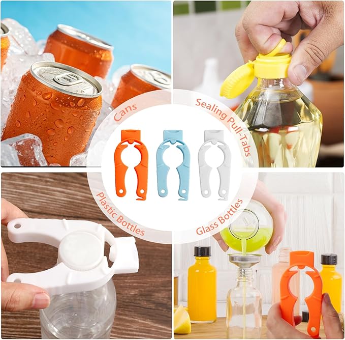6-Pack Plastic Bottle Cap Opener, 3-in-1 Multi-Purpose Gripper Water Bottle Opener for Arthritic Hands, Easy-Twist Jar Opener Tool for Kitchen, Camping & Outdoor Use (Orange, Blue, White)