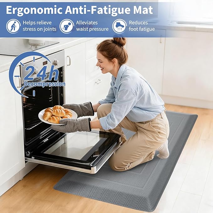 UKISS 9/10"" Extra Thick Cushioned Anti Fatigue Kitchen Mat, Waterproof High Density Foam Standing Desk Mat, Non-Slip Ergonomic Comfort Mat for Kitchen, Office,Workstation Black (Grey, 20" X 39")