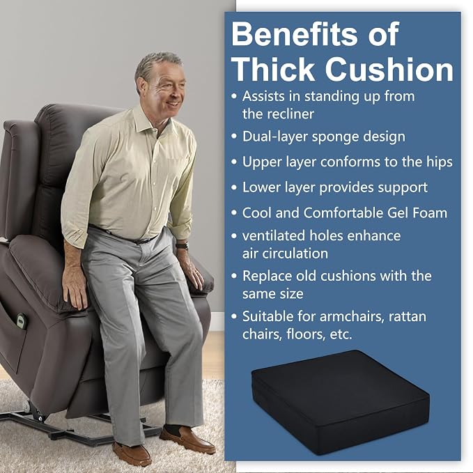 Shinnwa Gel Memory Foam Recliner Cushion for Elderly, Dual-Layer Foam Chair Pad, Extra Large Seat Cushion for Couch, Armchair, Wicker Chairs, Floor, 18 × 18 × 4in, Black