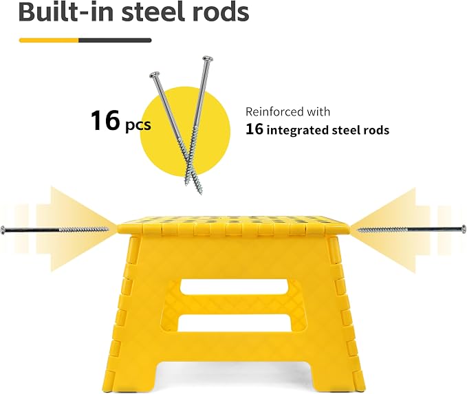 MaxWorks 50969 Folding Step Stool - 9" Height, 330 lbs Capacity - 16 Steel Rods for Enhanced Strength - Lightweight, Durable Plastic Stool for Kitchen, Bathroom, Living Room - Yellow
