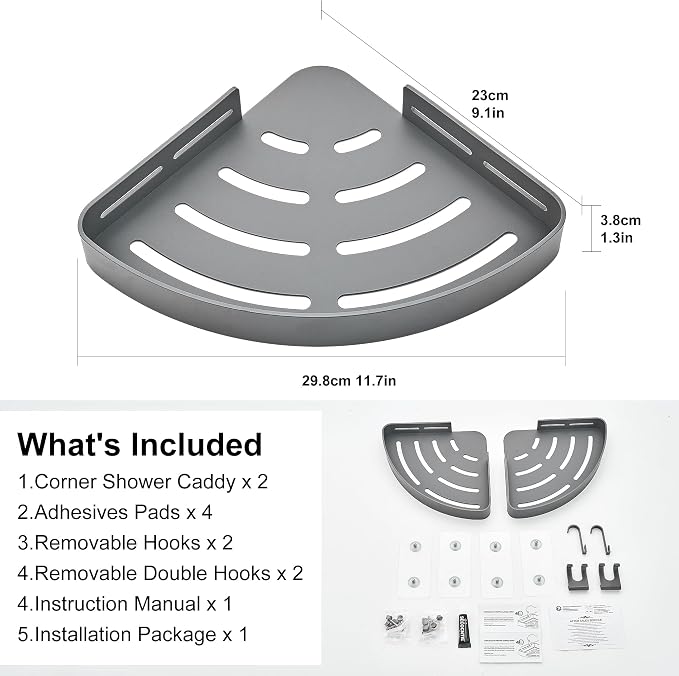DUFU Adhesive Corner Shower Caddy with Hooks,Bathroom Shower Organizer, No Drilling Rust Proof Aluminum Shower Shelf for Inside Shower 2 Pack (Grey)