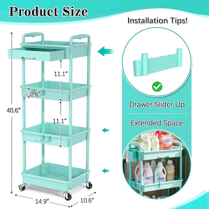 SUNALLY 4 Tier Rolling Utility Cart with Drawer, Storage Organizer Cart with 2 Lockable Wheels, Multifunctional Rolling Storage Cart for Bathroom, Kitchen, Craft, Makeup, Baby Essentials, Blue