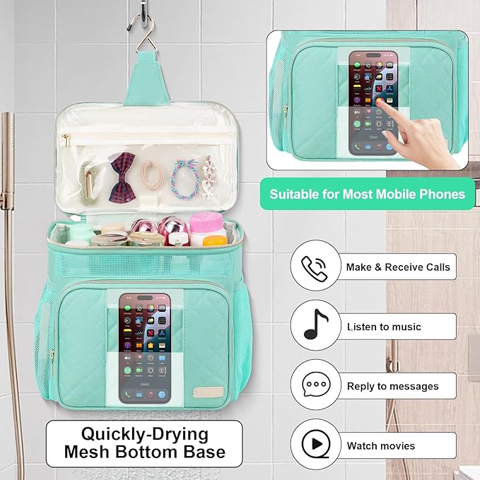 Portable Shower Caddy College Dorm Essentials, Large Toiletry Bag for Women Men, 2 Layers Quickly Dry Mesh Bathroom Tote Bag, Hanging Makeup Organizer Bag for Travel, Gym, Camping (Mint Green)
