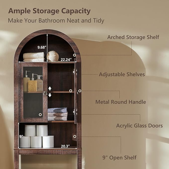 IFGET Arched Over The Toilet Storage Cabinet with Acrylic Doors, Modern Over Toilet Bathroom Organizer Shelf, Small Wooden Bathroom Storage Cabinet with Adjustable Shelf, Space Saver, Dark Walnut