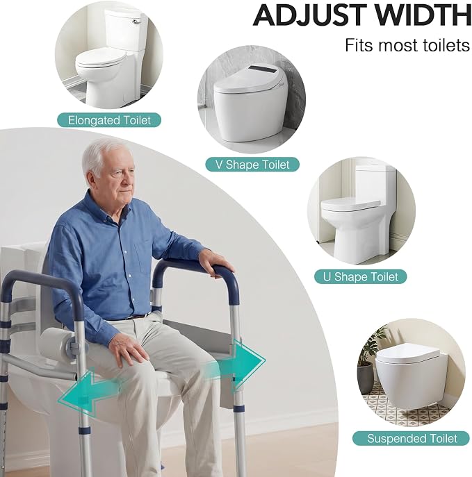 HOMENURSE Toilet Safety Rails for Seniors (350 lb), Adjustable Height & Width Toilet Safety Frame for Elderly, Disabled, Foldable Handicap Toilet Handles with Suction Cups, Fits Most Toilets