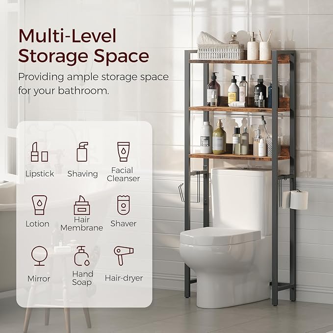 MAHANCRIS Over The Toilet Storage Rack, 3 Tier Bathroom Organizer Over Toilet, Freestanding Space Saver Toilet Stand with 2 Hooks, Bathroom Storage Shelf, Easy to Assemble, Rustic Brown TSHR6001