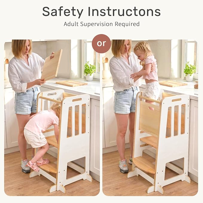 WINGYZ Toddler Tower - Anti-Tip Natural Wood Learning Stool Helper for Kids 18M-6Y, 150lb Capacity Kitchen Stool with 3-Height Adjustable Platform and Sliding Door Access, 20lb Portable Design, White