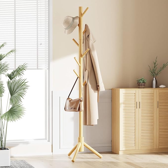 Pipishell Solid Wooden Coat Rack Freestanding, Hall Tree with 8 Hooks, 3 Height Options for Coats, Hats, Handbags, and Scarves, Tool-Free Assembly, Space Saving Design for Entryway, Office, Bedroom
