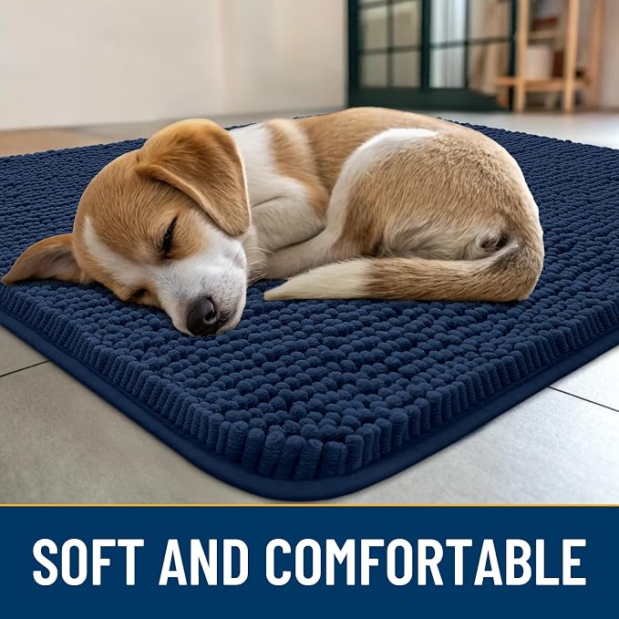 Smiry Dog Door Mat for Muddy Paws 54x24, Absorbent Dirt Trapper, Non-Slip Washable Chenille Entryway Rug for Inside Floor, Dark Blue, Classic Solid