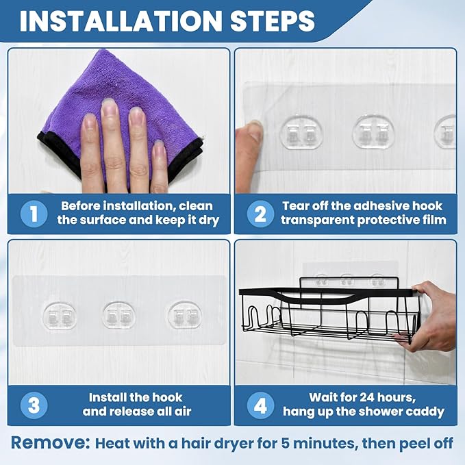 18 Pack Shower Caddy Adhesive Replacement, Shower Shelf Strong Adhesive Hooks, No Drilling, Transparent WaterProof Strips for Bathroom Shelves & Kitchen Racks