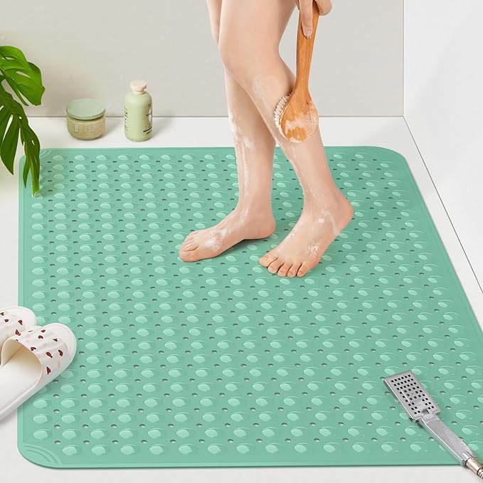 Yolife Extra Large TPE Shower Mat, 47.2" L x 31.5" W Anti Slip Bath Mat with Drain Holes and Suction Cups, Large Size Mat More Suitable for Shower Stall, No Odor, Heavy Mat (Green, 47.2" x 31.5")