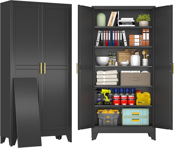 75" Black Tall Metal Garage Storage Cabinet with 2 Doors and 5 Adjustable Shelves,Kitchen Pantry Cabinet,File Cabinet,Steel Tool Cabinet for Home,Office,Garage,School,Warehouse