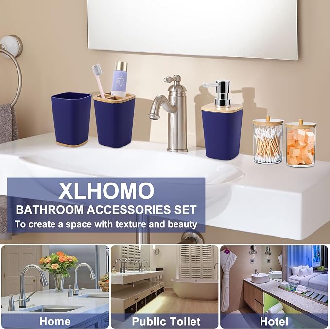 Bathroom Accessories Set, 9 Piece Navy Blue Bathroom Accessory Set with Trash Can,Toothbrush Holder,Toothbrush Cup,Lotion Soap Dispenser,Vanity Tray,Soap Dish,Toilet Brush,Qtip Holder