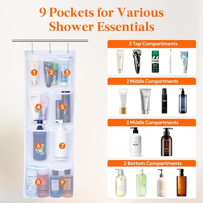 Lifewit Cruise Essentials Shower Caddy Must-Have, 9 Pockets Hanging Bathroom Organizer with Quick-Dry Mesh, Portable Shower Bag to Storage Soap, Shampoo, for RVing, Travel, Camping, White, 2 Packs