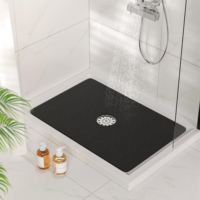 HITSLAM Shower Mat with Center Drain Hole, 24 x 16 Inch Non Slip Bath Mat for Textured Tub, Soft Loofah-Style Bathtub Mat Without Suction Cup, Quick Drying Stall Floor Mat, Bathroom Accessories, Black