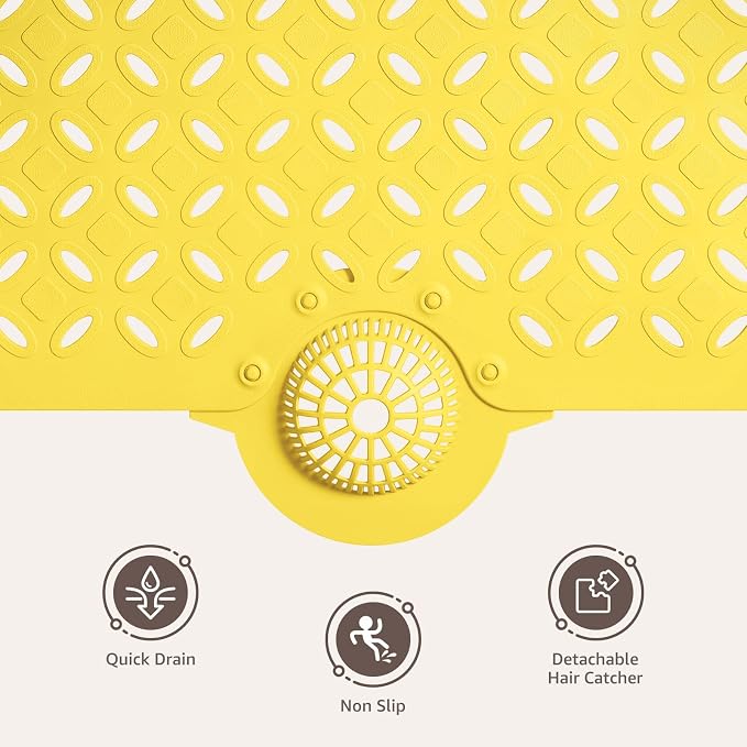 OTHWAY Bath Mat for Tub Non Slip: 39" X 17" Long Bathtub Mat with Hair Catcher│Big Drain Holes Shower Mats for Inside Shower│Machine Washable (Yellow)